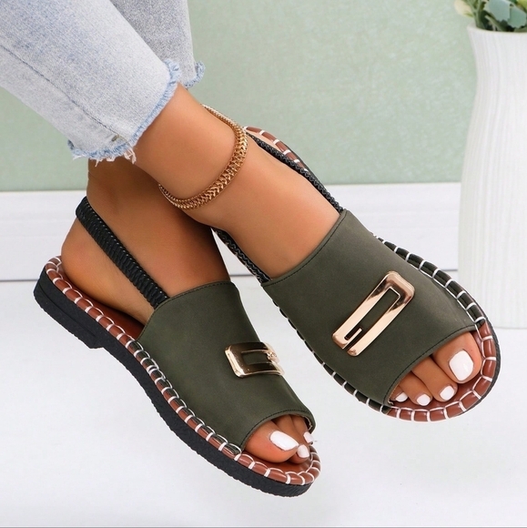 Women Flat Sandals Buckle Elastic Ladies White Open Toe Flat Slipper Pure Color - Picture 1 of 6